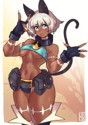 1girls almost_naked animal_ears barefoot bell bell_collar belt belt_buckle black_bottomwear blue_eyes blue_top blue_topwear cat_ears cat_girl catgirl choker claws cute cute_face cute_fangs dark-skinned_female dark_skin female female_focus female_only hexprinxess nadia_fortune no_sex pose posing posing_for_the_viewer skullgirls small_breasts tail thick_thighs thread underboob white_hair