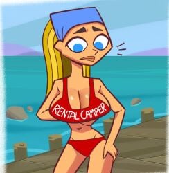 1girls big_breasts blonde_hair blue_eyes cartoon_network cleavage eyebrows female female_only large_breasts light-skinned_female light_skin lindsay_(tdi) looking_at_breasts looking_down solo solo_female solo_focus squidapple total_drama_island