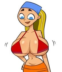 1girls big_breasts bikini bikini_top blue_eyes cartoon_network female female_only large_breasts light-skinned_female light_skin lindsay_(tdi) looking_at_breasts looking_down navel solo squidapple total_drama_island wide_hips