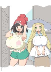 2girls alternate_breast_size bag beanie belly belly_button big_breasts black_eyes black_hair blonde_hair blush breasts breasts_bigger_than_head creatures_(company) female female_only game_freak green_eyes hat holding_bag huge_breasts large_breasts lillie_(pokemon) long_blonde_hair long_hair mouth multiple_girls nintendo open_mouth pokemon pokemon_sm sabonbold selene_(pokemon) short_black_hair short_hair shorts sun_hat