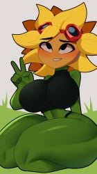 blush breasts eyes_rolling_back female flora_fauna flower freckles looking_up plant_girl plant_humanoid plantie plants_vs_zombies plants_vs_zombies:_heroes popcap_games postblue98 pvz solar_flare_(pvz) sunflower sunflower_(pvz) tagme thick_thighs v v_sign video_games