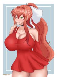 afimaki big_breasts brown_hair child_bearing_hips choker doki_doki_literature_club huge_breasts large_breasts monika_(doki_doki_literature_club) nipple_bulge nipples_visible_through_clothing red_dress thick_thighs thin_waist white_ribbon wide_hips