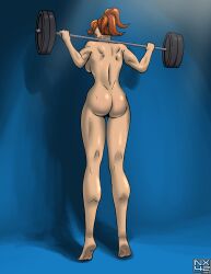 ass barbell barefoot behind_view brown_hair earrings female human mario_(series) muscular muscular_female nude nx42 ponytail princess_daisy sweat weightlifting