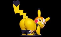 3d_(artwork) all_fours anthro ass black_background black_clothing bottomwear bottomwear_down clothed clothing cosplay_pikachu cosplay_pikachu_(costume) digital_media_(artwork) female genitals half-closed_eyes heart_tail hi_res light lighting looking_at_viewer looking_back mask narrowed_eyes nintendo nonotoys pants pants_down partially_clothed pikachu pikachu_libre pokemon pokemon_(species) presenting presenting_hindquarters pussy red_cheeks simple_background smile solo yellow_body