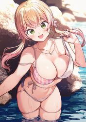 asymmetrical_clothes hololive hololive_gen_5 hololive_japan huge_breasts momosuzu_nene nervous_smile ocean painted_fingernails painted_nails partially_submerged seashore short_twintails skindentation swimsuit twintails virtual_youtuber