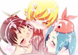 1boy 3girls bakemonogatari ball_sucking bangs black_hair blonde_hair blue_hair cheek_bulge collaborative_fellatio covered_in_cum cum_in_hair cum_in_mouth cum_on_face drinking drinking_cum facial fangs fellatio female female_focus first_person_view foursome ghost green_eyes hachikuji_mayoi harem licking licking_cum licking_penis male_pov monogatari_(series) multiple_girls one_eye_closed ononoki_yotsugi oshino_shinobu penis_lick penis_licking pointy_ears pov pov_eye_contact pov_male schoolgirl short_hair small_breasts smaller_female straight sucking_penis sucking_testicles tanabe_kyou teamwork thick_eyebrows vampire veiny_penis yellow_eyes young