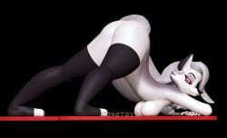 3d_(artwork) anthro ass black_background boob_press canid canid_demon clothing demon digital_media_(artwork) female footwear hellhound helluva_boss hi_res jack-o&#039;_pose looking_back loona_(helluva_boss) mammal nonotoys pinup pose red_eyes simple_background smile socks solo