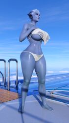 1girls 3d abs alien_girl asari bare_shoulders bikini blue_body blue_skin blue_sky breasts clothed clothed_female clouds female female_only fit_female guidugalle guimontag liara_t'soni mass_effect scales sci-fi solo solo_female summer swimsuit swimwear underwear