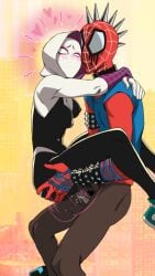 1boy 1girls ahe_gao ahegao artist_request big_penis dark-skinned_male gwen_stacy hobart_brown interracial lowres marvel mask masked_female masked_male nipple_bulge pussy_juice pussy_juice_on_penis sex spider-gwen spider-man:_across_the_spider-verse spider-punk stand_and_carry_position wet_pussy