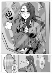 1boy 1girls against_window blush breast_press breast_smother breasts character_request comic greyscale head_between_breasts heart large_breasts monochrome original school_uniform smothering spanish_text train translation_request window