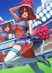 alternate_costume ass blue_eyes blue_sandals blue_skirt blush brown_hair cheerleader cheerleader_outfit cheerleader_uniform cleavage confetti female_only footwear go-toubun_no_hanayome hair_between_eyes happy hiyoku holding_pom_poms large_breasts long_hair looking_at_viewer miniskirt nakano_miku no_bra open_mouth pom_pom_(cheerleading) pom_poms solo_focus standing_on_one_leg sweat thick_thighs thighhighs thighs underboob white_legwear white_stockings wide_hips