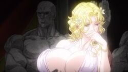 1girls aphrodite aphrodite_(shuumatsu_no_valkyrie) blonde_hair blue_eyes breast_grab breast_hold breast_lift breasts clothing huge_breasts large_breasts record_of_ragnarok screencap shuumatsu_no_valkyrie