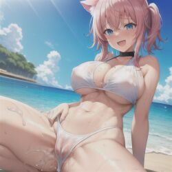 abs ai_generated beach big_breasts blue_eyes blush fit_female happy hi_res hoshino_hikari necklace original_character pink_hair pussy_juice see-through_clothing sweaty tagme user_lovespike wet_pussy