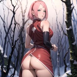 1girls ai_generated alyxra ass bare_ass bare_legs barely_clothed big_ass blush boruto:_naruto_next_generations bottomless bottomless_female female female_only forest from_behind green_eyes haruno_sakura light-skinned_female light_skin long_hair looking_at_viewer looking_back mature mature_female milf mostly_nude naruto naruto_(series) no_panties outdoors pink_hair pinup presenting presenting_ass rear_view sakura_haruno snow snowing solo solo_focus stable_diffusion thick_ass thick_thighs uchiha_symbol