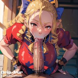 1girls :>= ai_generated blonde_hair blowjob clothed_female_nude_male drip_pur fellatio hair_ribbon just_the_tip karin_kanzuki long_hair looking_at_viewer penis pov pov_eye_contact street_fighter sucking_penis tagme