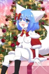 blue_eyes blue_hair blush breasts christmas christmas_outfit drooling furry heart-shaped_pupils sitting virtual_youtuber white_fur wolf_girl wolfychu youtube youtuber