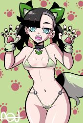 aqart barely_clothed bikini black_hair blue_eyes choker claw_pose cleavage collar cosplay fangs female female_only fingerless_gloves game_freak gloves green_background green_gloves green_theme marnie_(pokemon) micro_bikini nintendo nyahoja_(cosplay) paw_background pokemon pokemon_(cosplay) pokemon_ss pokemon_sv revealing_clothes skimpy_clothes solo sprigatito_(cosplay) string_bikini