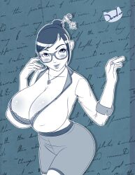 1girls chalk cleavage dazol eyewear female female_only glasses hair_ornament huge_breasts mei_(overwatch) monochrome necklace overwatch overwatch_2 pencil_skirt solo tagme teacher