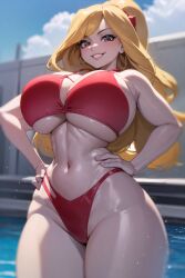 ai_generated animaniacs bikini blonde_hair huge_breasts humanized minerva_mink smiling the_hotshot thick_thighs warner_brothers wide_hips