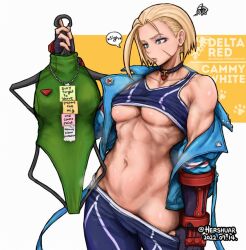 1girls abs artist_name biceps blonde_hair blue_eyes blue_jacket breasts british british_female cammy_white capcom character_name clothes_hanger clothes_pull collarbone crop_top dated english_text female fingerless_gloves girls_reacting_to_bikini_(meme) gloves green_leotard groin hershuar holding_clothes_hanger jacket leotard muscular muscular_female navel off_shoulder pants pants_pull pendant_choker scar scar_on_cheek scar_on_face solo sticky_note stomach street_fighter street_fighter_6 twitter_username underboob undressing vambraces