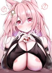 ... 1boy 1girls :o ? adorable animal_ear_fluff animal_ears areola_slip arknights arms_pressing_breasts_together ascot bare_shoulders big_breasts blush braid braided_hair breast_press breasts busty cleavage cute dark-skinned_male dark_skin elbow_gloves enormous_breasts erect_nipples extra_ears eyebrows_visible_through_hair female giant_breasts gigantic_breasts hair_between_eyes hair_ornament highres huge_breasts hyper_breasts kokihanada lactation large_breasts light-skinned_female light_skin long_hair looking_at_viewer massive_breasts necktie pink_eyes pink_hair pozyomka_(arknights) seductive seductive_look side_braid simple_background spoken_ellipsis steam tight_clothing white_background wolf_ears wolf_girl