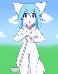 blue_eyes blue_hair breasts furry golf_club naked_female outdoors outside putter virtual_youtuber white_fur wolf_girl wolfychu youtube youtuber