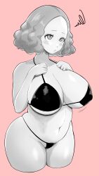 alternate_costume atlus black_bikini chubby_female curvaceous female female_only haru_okumura large_breasts monochrome neucia persona persona_5 pink_background plain_background short_hair solo