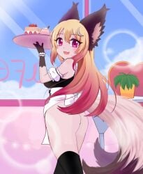 bottomless butt female fox_girl furry looking_at_viewer luna_(wolfychu) maid_uniform smiling_at_viewer two_tone_hair