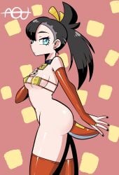 1girls aqart black_hair blue_eyes bottomless choker cosplay fuecoco_(cosplay) game_freak hogator_(cosplay) marnie_(pokemon) nintendo pale-skinned_female pale_skin pokemon pokemon_(cosplay) pokemon_ss pokemon_sv red_background red_theme small_breasts solo