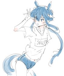 1boy animal_ears bare_midriff bare_thighs blue_eyes blue_hair byebyefrog femboy fire_emblem fire_emblem:_genealogy_of_the_holy_war horse_boy long_hair male male_only midriff monster_boy nintendo ponytail seliph_(fire_emblem) shirt shorts smile solo sportswear tail thighs waving