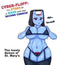 anthro arisenleaf blue_body blue_eyes blue_fur bra clothing dialogue english_text female fluffy_pony fur habit hair hi_res legwear lilith_(fluffy_pony) muscular muscular_female nun panties pubes pubes_exposed red_hair simple_background solo stockings text underwear white_background