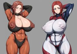 2girls ai_generated akiza_izinski alternate_breast_size arms_behind_head bodysuit breasts code_geass curvy female female_only grey_background huge_breasts huge_nipples izayoi_aki kallen_stadtfeld kunaboto_(style) multiple_girls red_hair simple_background skin_tight stable_diffusion style_parody venus_body voluptuous yu-gi-oh!