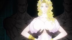 1girls aphrodite aphrodite_(shuumatsu_no_valkyrie) blonde_hair blue_eyes breast_grab breast_hold breast_lift breasts clothing huge_breasts large_breasts record_of_ragnarok screencap shuumatsu_no_valkyrie