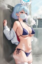 ai_generated arona_(blue_archive) bikini blue_archive exhibitionism face_mask female_pervert hoodie_removed large_breasts public_nudity skindentation stable_diffusion steam steaming_body taking_off_shirt thighhighs white_hoodie