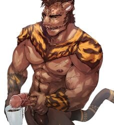 anthro balls bodily_fluids container cup felid feline final_fantasy final_fantasy_xiv fur genital_fluids genitals hrothgar kumammoto_(artist) male male_only mammal muscular muscular_anthro muscular_male nipples penis precum scar solo striped_body striped_fur stripes vein veiny_penis