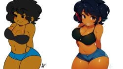 ai_generated big_breasts black_hair bra breasts bushy_hair dark-skinned_female earrings friday_night_funkin friday_night_funkin_mod hands_behind_back lola_(shawncookie) no_shirt shawncookie shorts thick_thighs thighs thong_straps