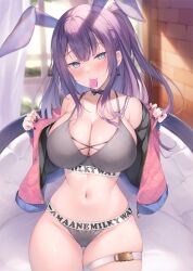 biting_condom bra bunny_ears condom_in_mouth huge_breasts removing_jacket seductive_look thigh_strap underwear