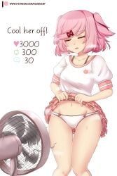 1girls 5_fingers artist_name ass_visible_through_thighs black_bra_straps bodily_fluids both_eyes_closed bow bow_panties bows bra_strap bra_straps breasts closed_eyes clothed clothes clothing collarbone comment_icon cooling_off cute doki_doki_literature_club electric_fan english_text eyes_closed fan fangs female female_focus female_human female_only frilled_skirt frilly_clothing frilly_skirt heart_icon human human_female human_focus lifted lifted_by_self lifting lifting_skirt mouth_open natsuki_(doki_doki_literature_club) navel number numbers oerba_yun_fang open_mouth panties patreon_url patreon_username pink_hair pink_skirt raionart retweet_icon skirt skirt_lift skirt_lifted_by_self skirt_up solo solo_female solo_focus strip_game sweat sweatdrop text thick_thighs thigh_gap thighs url white_background white_panties wind wind_lift