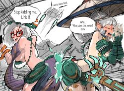 alternate_costume ass aunt_and_niece blush breasts ddiguma english_text forehead_mark forehead_tattoo fuse_(zelda) gameplay_mechanics glasses hard_translated korok link machine_translated paya_(the_legend_of_zelda) pointy_ears purah purah_(tears_of_the_kingdom) sheikah tagme tears_of_the_kingdom text the_legend_of_zelda translated white_hair