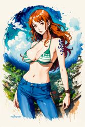 ai_generated artist_request breasts female female_only jeans nami nami_(one_piece) one_piece orange_hair post-timeskip shounen_jump tattoo watercolor_(artwork)