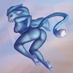 2023 4_toes anthro ass barefoot blue_body blue_fur blue_hair breasts ciel.chevalier clenched_teeth digital_media_(artwork) eyebrows fangs feet female ferrin fur genitals hair hi_res long_hair long_tail looking_at_viewer mammal nipples nude paws pupils purple_eyes pussy simple_background slit_pupils solo tail teeth the_drifter_(hyper_light_drifter) toes