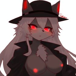 areolae digital_drawing_(artwork) fed_(kaiju_paradise) fedora female glowing glowing_eyes glowing_nipples grey_body grey_fur grey_hair hi_res kaiju_paradise long_hair medium_breasts nude nude_female roblox roblox_game thatpastelfoxxo