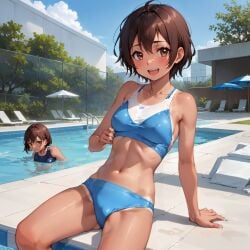 2girls :d ahoge ai_generated amber_eyes arm_support beach_umbrella bikini bikini_tan blue_bikini blue_sky brown_eyes brown_hair cloud collarbone erect_nipples erect_nipples_under_clothes highres looking_at_viewer midriff navel outdoors poolside prosopagnosic_hitman school_swimsuit self_upload short_hair sitting smile sports_bikini stable_diffusion swimming swimming_pool tan_body tanline tomboy tree