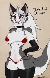 alrecsolus anthro big_breasts bikini black_nose breasts canid canid_demon canine choker clothing collarbone demon ear_piercing female fur grey_body grey_fur grey_hair hair hellhound helluva_boss long_hair loona_(helluva_boss) mammal piercing red_sclera solo swimwear tail white_body white_eyes white_fur