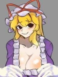 1girls big_breasts blonde_hair blush cleavage clothed_female get2_audio2 gloves grey_background hat huge_breasts light-skinned_female long_gloves long_hair mature_female smile solo solo_female touhou yukari_yakumo