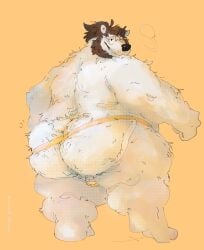 2023 absurd_res anthro ass balls barely_visible_balls barely_visible_genitalia bear beard big_butt brown_hair chuchowriggle clothed clothing digital_media_(artwork) eyewear facial_hair fluffy full-length_portrait fur genitals glasses hair halftone hi_res jockstrap jockstrap_only looking_at_viewer looking_back looking_back_at_viewer male mammal orange_background overweight overweight_anthro overweight_male pea_soup pinup polar_bear portrait pose rear_view simple_background skindentation solo topless underwear underwear_only ursine white_body white_fur