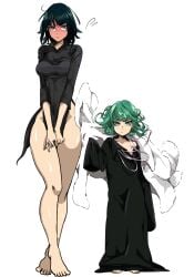 2girls alpha_channel alternate_costume aqua_eyes aqua_hair arm_at_side bangs bare_shoulders barefoot black_dress black_hair black_panties blush boots breasts cosplay costume_switch curly_hair dress dress_tug edit embarrassed esper_sisters feet female_only flat_chest flying_sweatdrops for_sticker_use frown fubuki_(one-punch_man) fubuki_(one-punch_man)_(cosplay) full-face_blush full_body fur_coat green_eyes green_hair height_difference highres jacket jacket_on_shoulders jewelry lace lace_trim large_breasts looking_at_viewer loose_clothes multiple_girls necklace off_shoulder one-punch_man outfit_swap oversized_clothes panties png rakeng short_hair siblings simple_background sisters sleeves_past_elbows sleeves_past_wrists standing sticker_template tatsumaki tatsumaki_(cosplay) toes transparent_background transparent_png undersized_clothes v_arms white_background