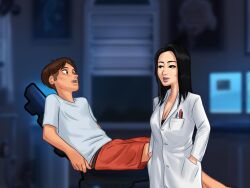 1boy 1girls 2d asian asian_female black_hair bottomwear brown_hair chair cleavage clothed clothing darkcookie digital_drawing_(artwork) digital_media_(artwork) female lab_coat laying_down laying_on_back light-skinned_female light-skinned_male light_skin long_hair looking_at_another looking_at_partner main_character_(summertime_saga) male male/female ms._okita_(summertime_saga) night office on_back pale-skinned_female pale_skin shirt shorts student summertime_saga teacher teacher_and_student topwear