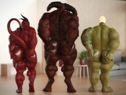 3boys ass dark-skinned_male dark_skin demon gay hi_res horns humanoid inviting male male/male/male male_only muscular muscular_male nsfwmaker nude orc orc_male presenting tail