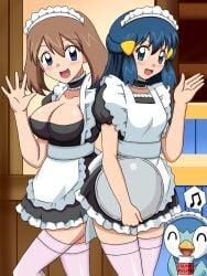 2girls apron big_breasts blue_eyes blue_hair breasts brown_hair cleavage dawn_(pokemon) female_focus indoors kuro_hopper maid maid_uniform may_(pokemon) miniskirt pokemon skirt smile thighhighs